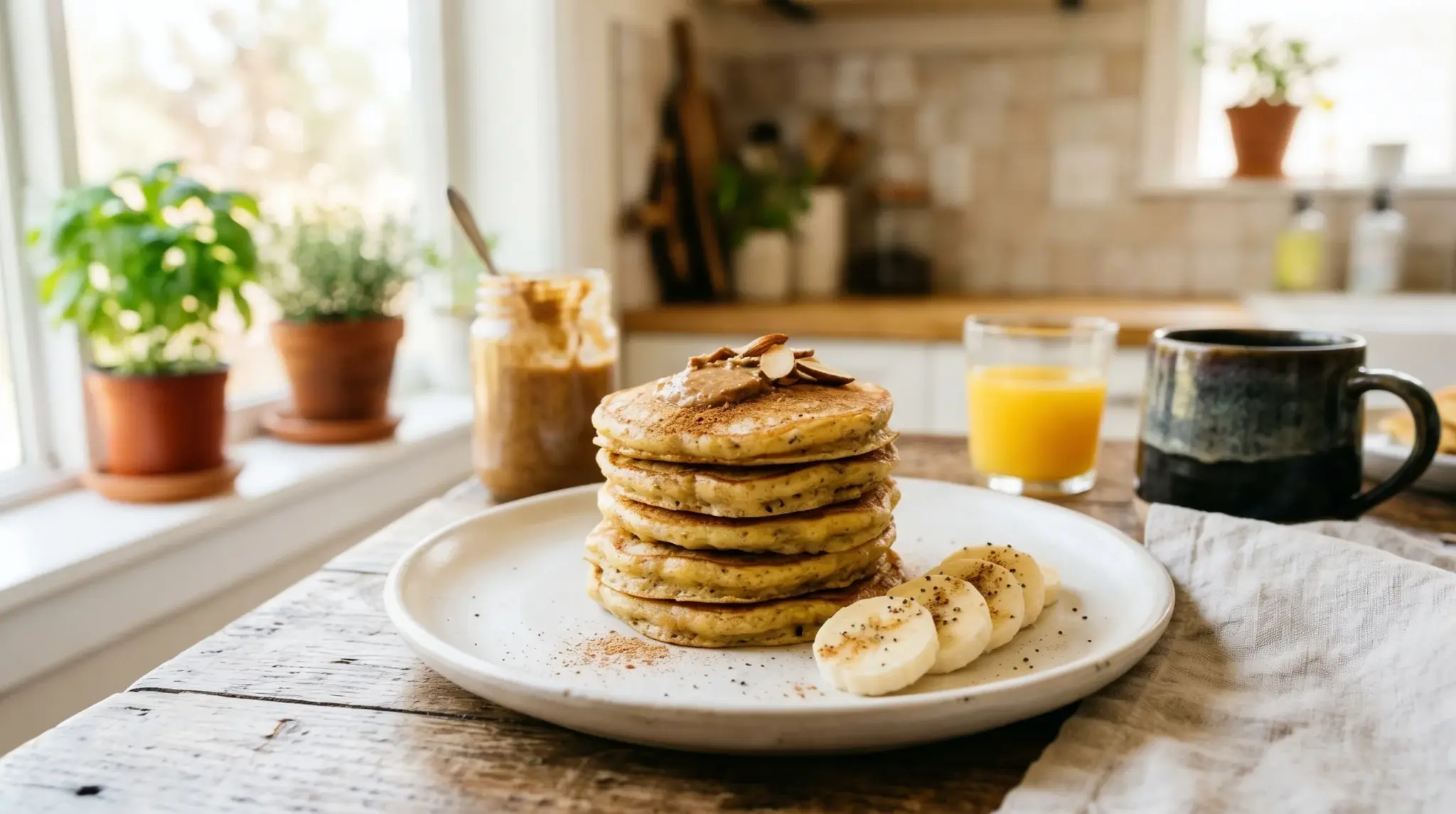 A stack of banana pancakes topped with almonds and cinnamon sits on a rustic wooden table next to orange juice and a dark ceramic mug, with potted herbs visible in the background window