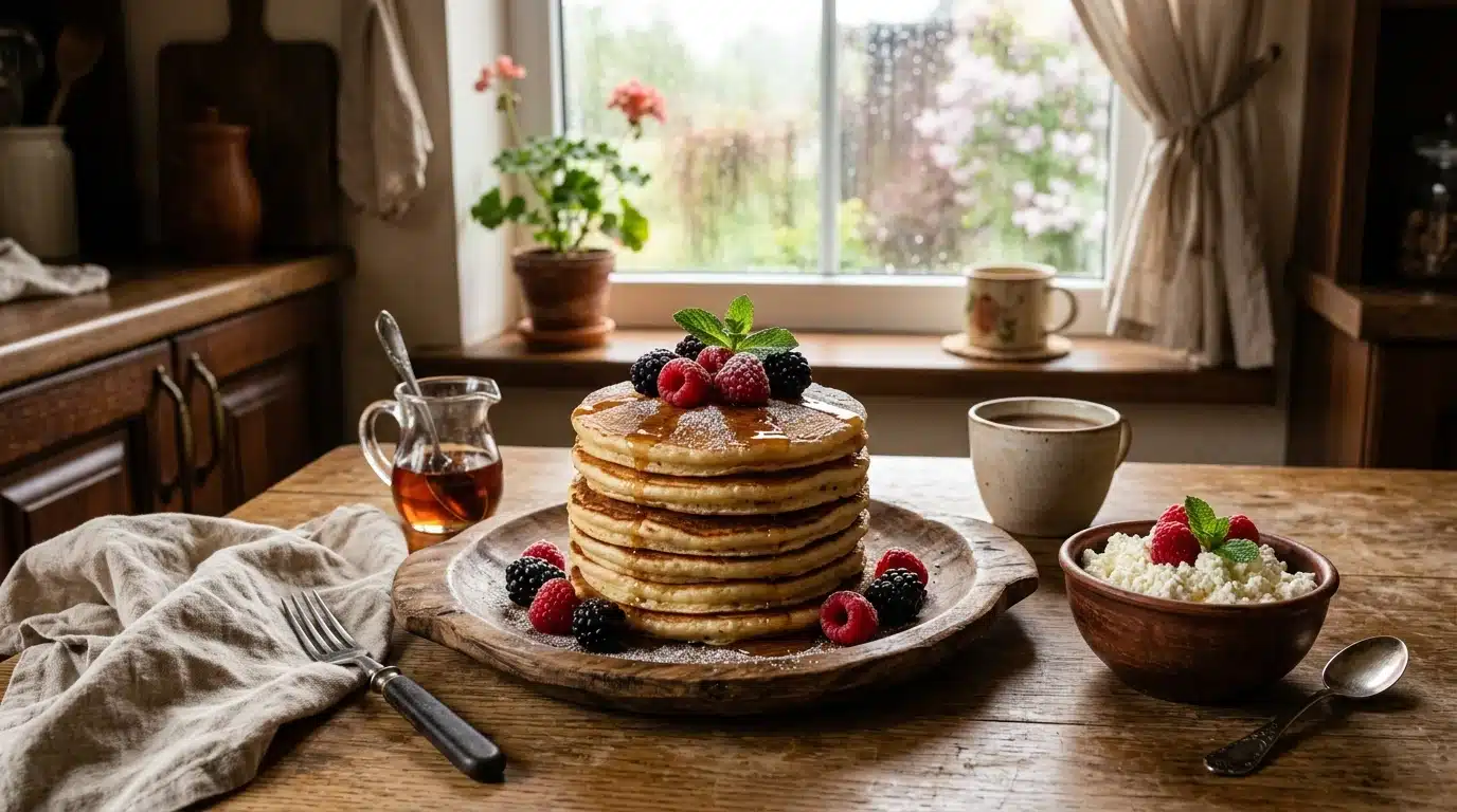 A tall stack of syrup-drizzled pancakes topped with fresh berries sits on a wooden table next to cottage cheese, coffee, and a syrup pitcher in a rustic kitchen setting with a rainy window view