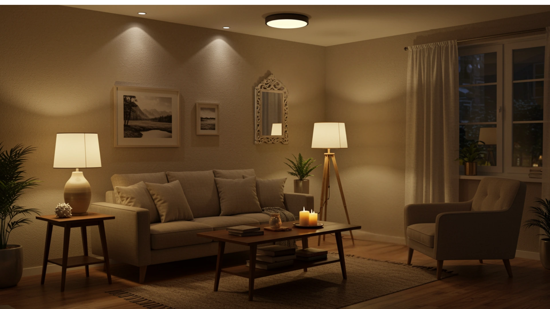A warmly lit, cozy living room featuring a beige sofa, a wooden coffee table with candles, and accent lighting illuminating framed artwork and a decorative mirror.