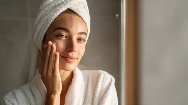 A woman in a white robe and towel applies cream to her face in warm light to show how to get clear skin without any spots