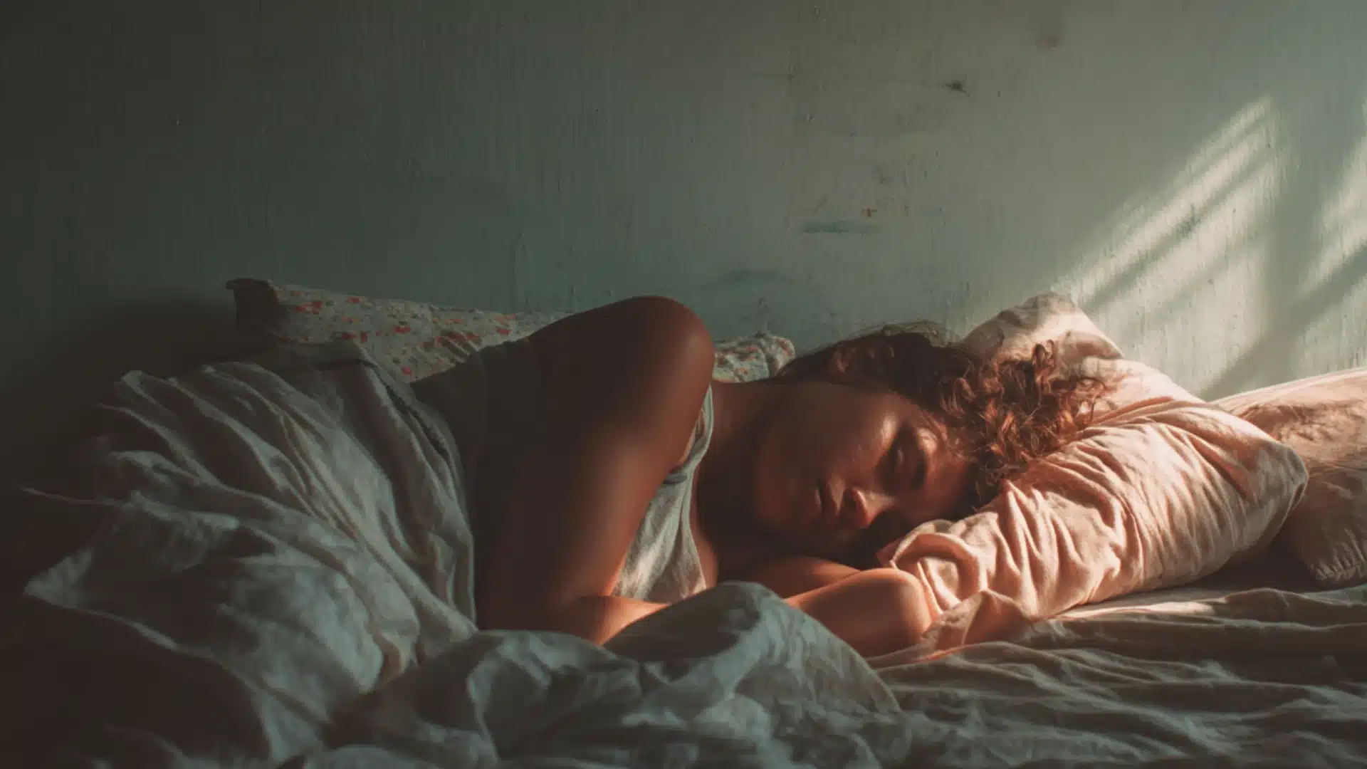A woman with curly hair sleeps soundly in a bed as soft morning sunlight beams through a window across her messy sheets