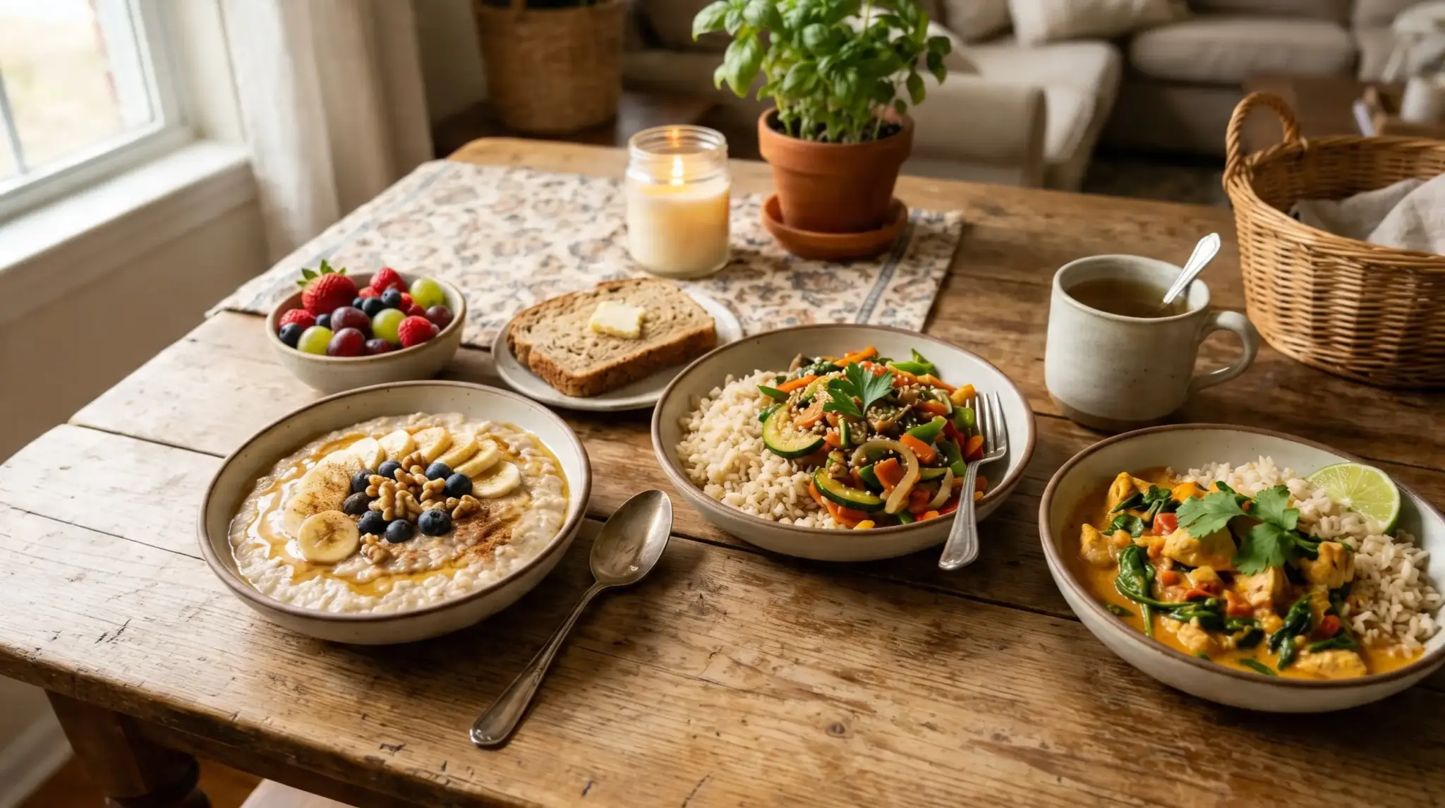 A wooden table set with oatmeal topped with fruit and nuts, a bowl of rice and vegetables, curry with rice, toast, a bowl of fruit, a mug, a candle, and a potted plant