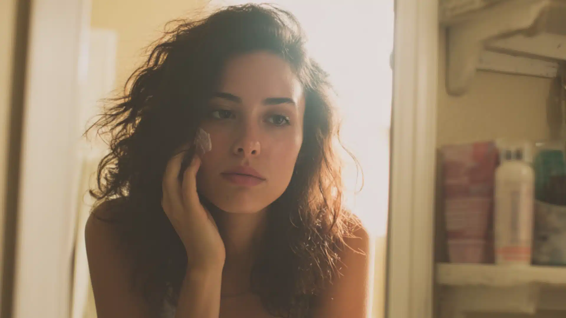 A young woman with curly hair looks into a bathroom mirror while applying white cream to her face in warm morning light