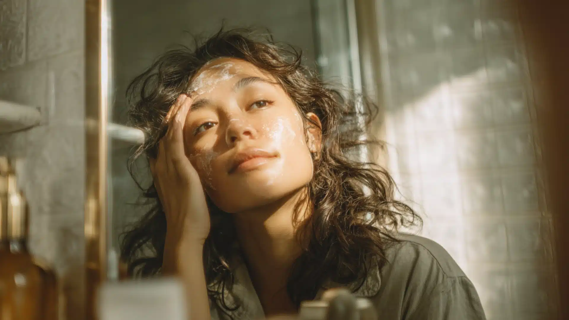 A young woman with short hair looks into a bathroom mirror while applying white cream to her face in warm morning light