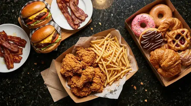 An overhead view of fried chicken, french fries, cheeseburgers, bacon, donuts, and pastries laid out on a dark countertop