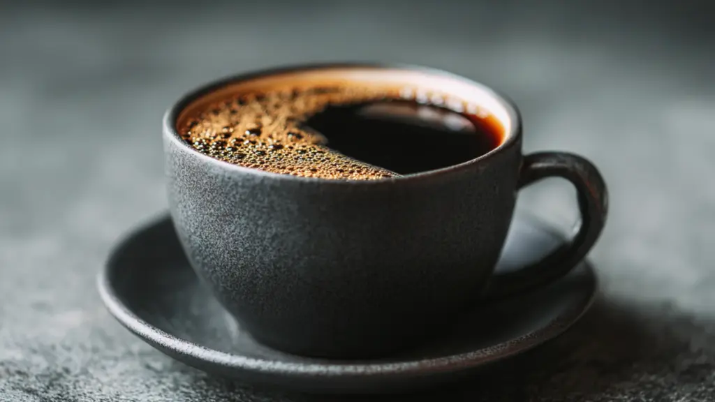 black textured mug filled with dark coffee and golden foam on a saucer calories in coffee shown in a close up side view