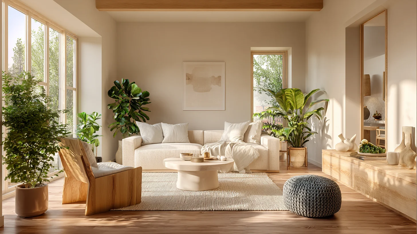 Bright, minimalist feng shui living room featuring a cream sofa, wooden accents, numerous houseplants, and warm sunlight streaming through large windows.