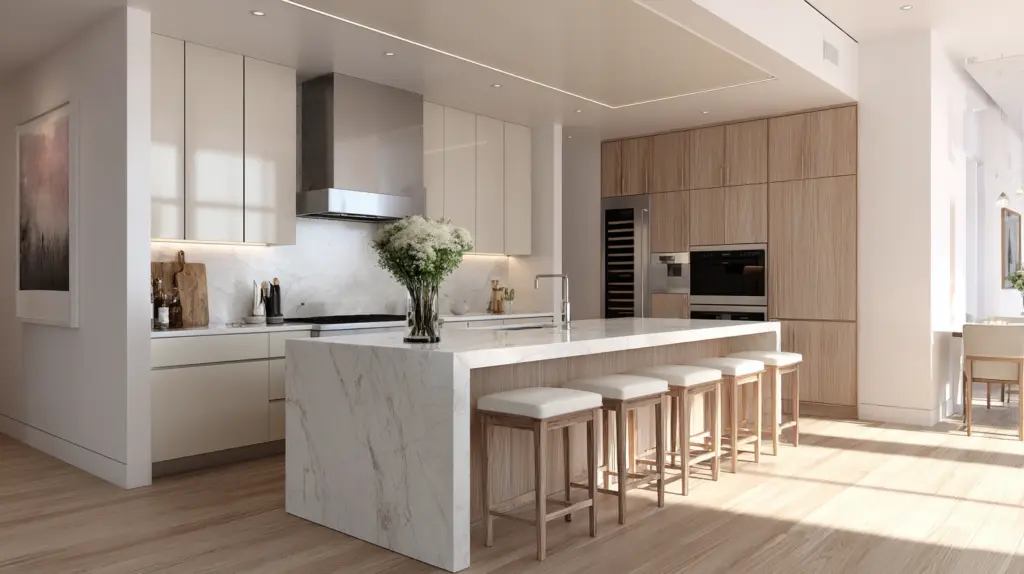 Bright modern kitchen featuring white marble countertops, light wood cabinetry, stainless steel appliances, and a large island with four wooden stools.