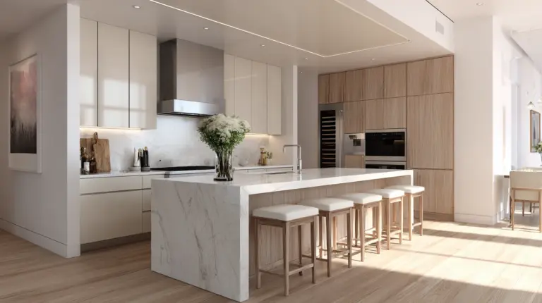 Bright modern kitchen featuring white marble countertops, light wood cabinetry, stainless steel appliances, and a large island with four wooden stools.