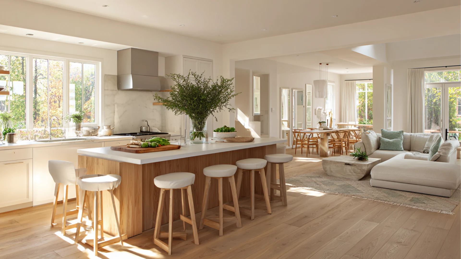 Bright, open plan kitchen featuring a large wooden island with white stools, white cabinetry, and light hardwood floors flowing into a living area with a sectional sofa.