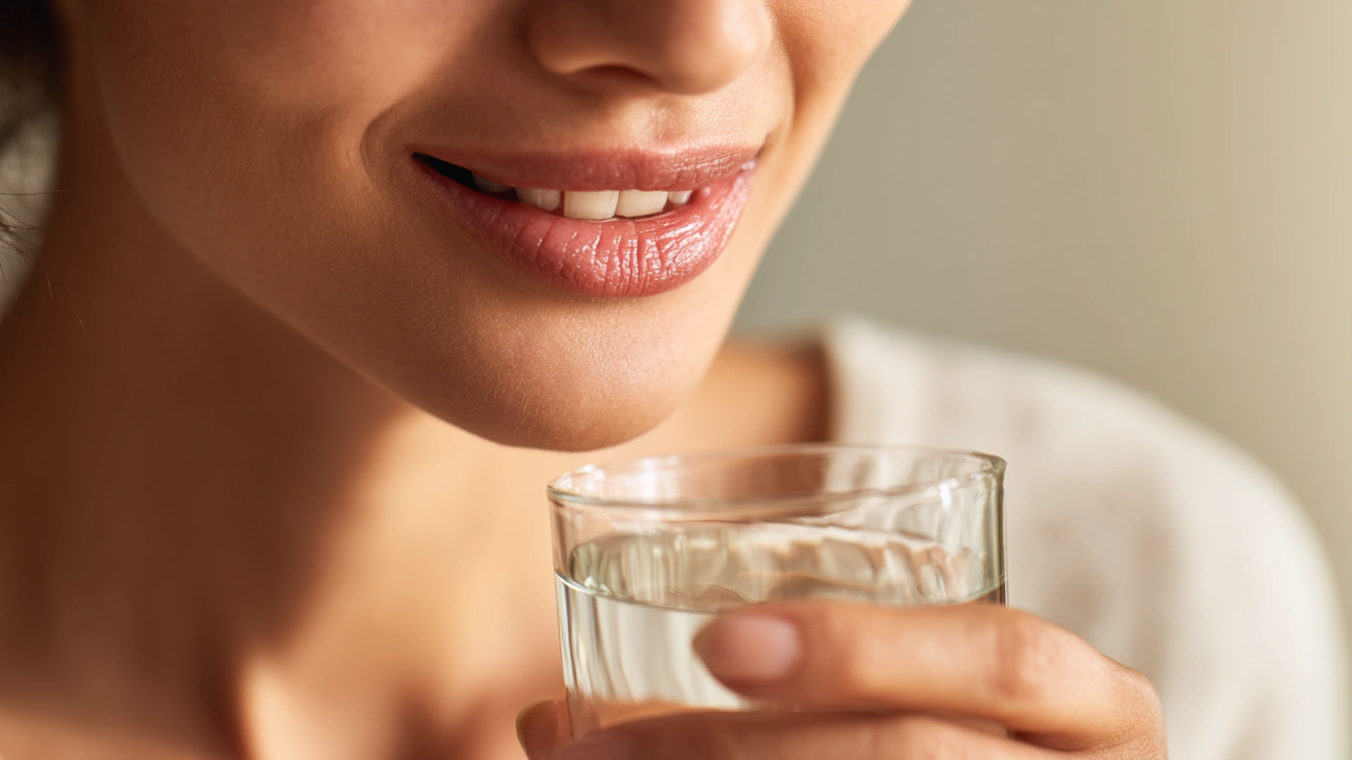 Close up of a woman smiling and holding a glass of water while considering how often you should oil pull for oral health