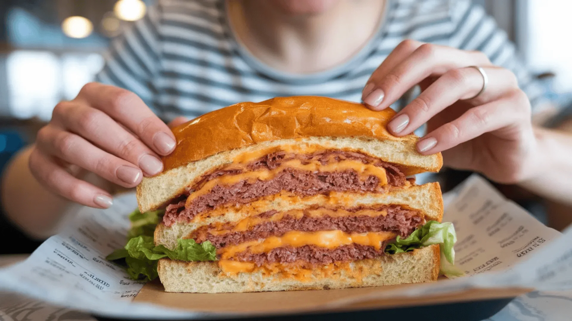 Close-up of hands holding layered sandwich with melted cheese, lettuce, and stacked meat filling