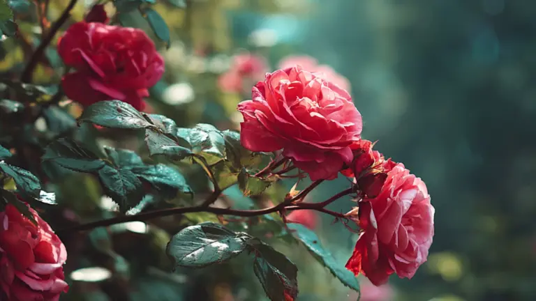 close up of pink roses on a bush with green leaves in soft garden light rose bush care tips for healthy flowering plants (1)