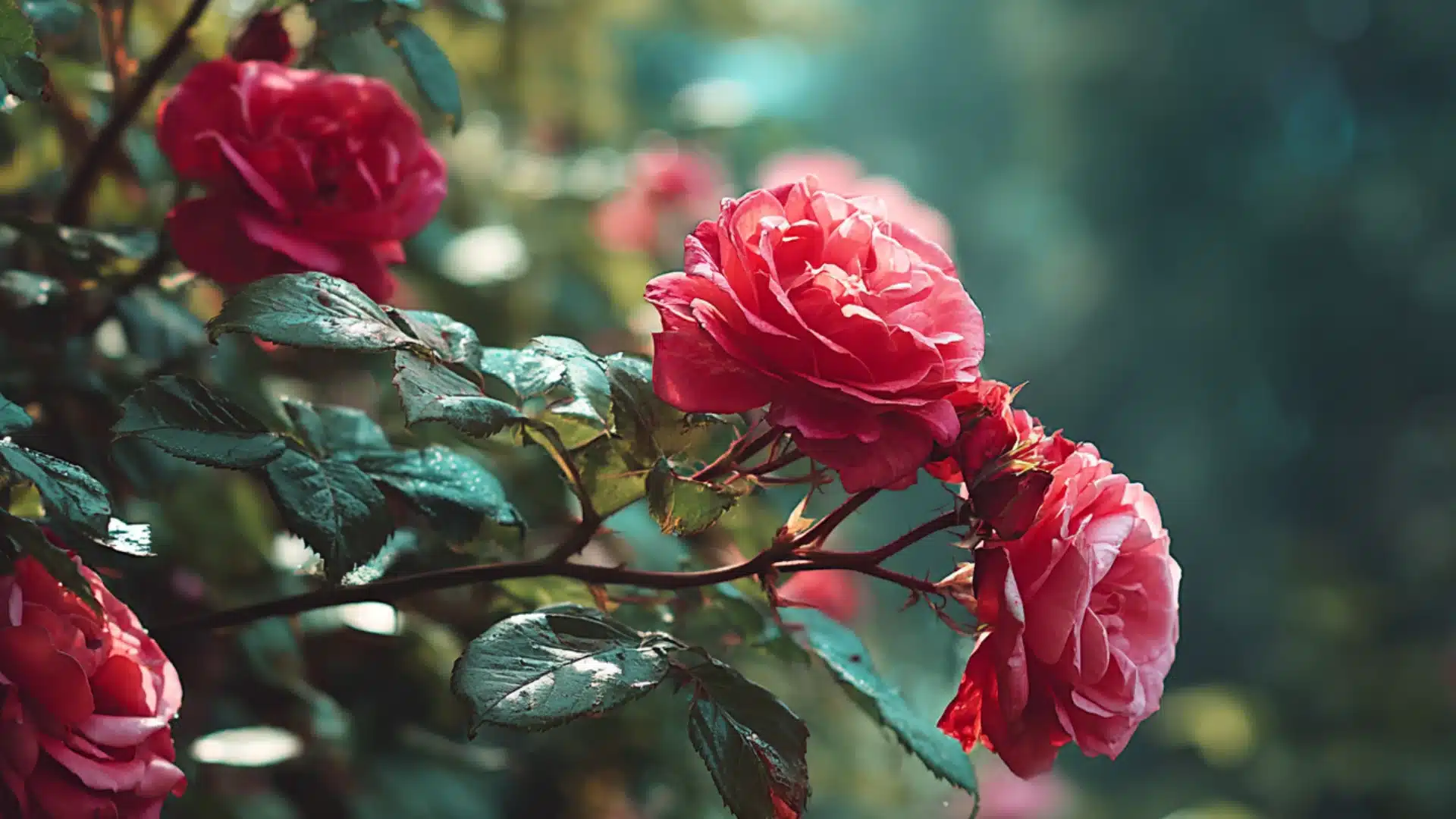 close up of pink roses on a bush with green leaves in soft garden light rose bush care tips for healthy flowering plants (1)