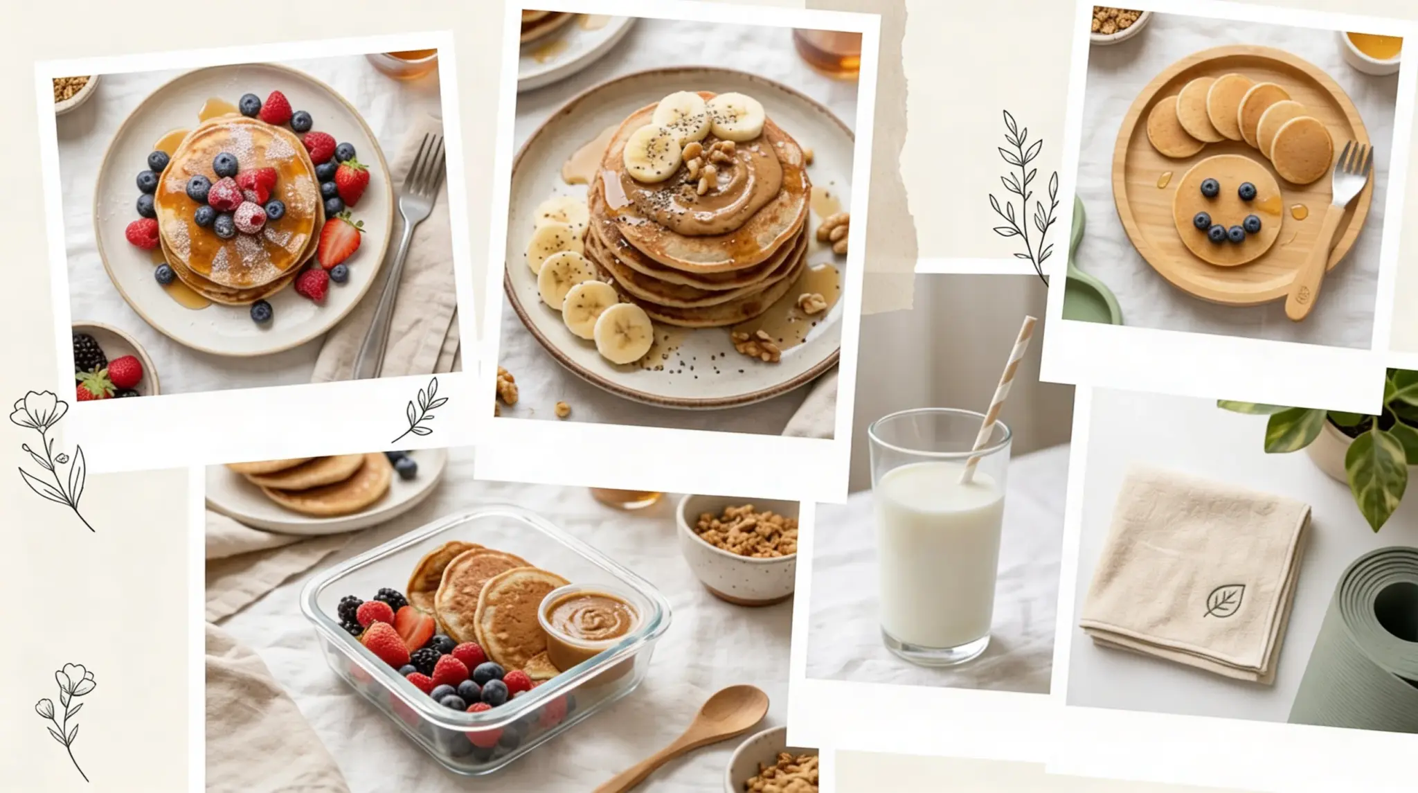 Collage of healthy breakfast images featuring various pancake stacks with fruit, a glass of milk, granola, and a beige cloth with a leaf logo