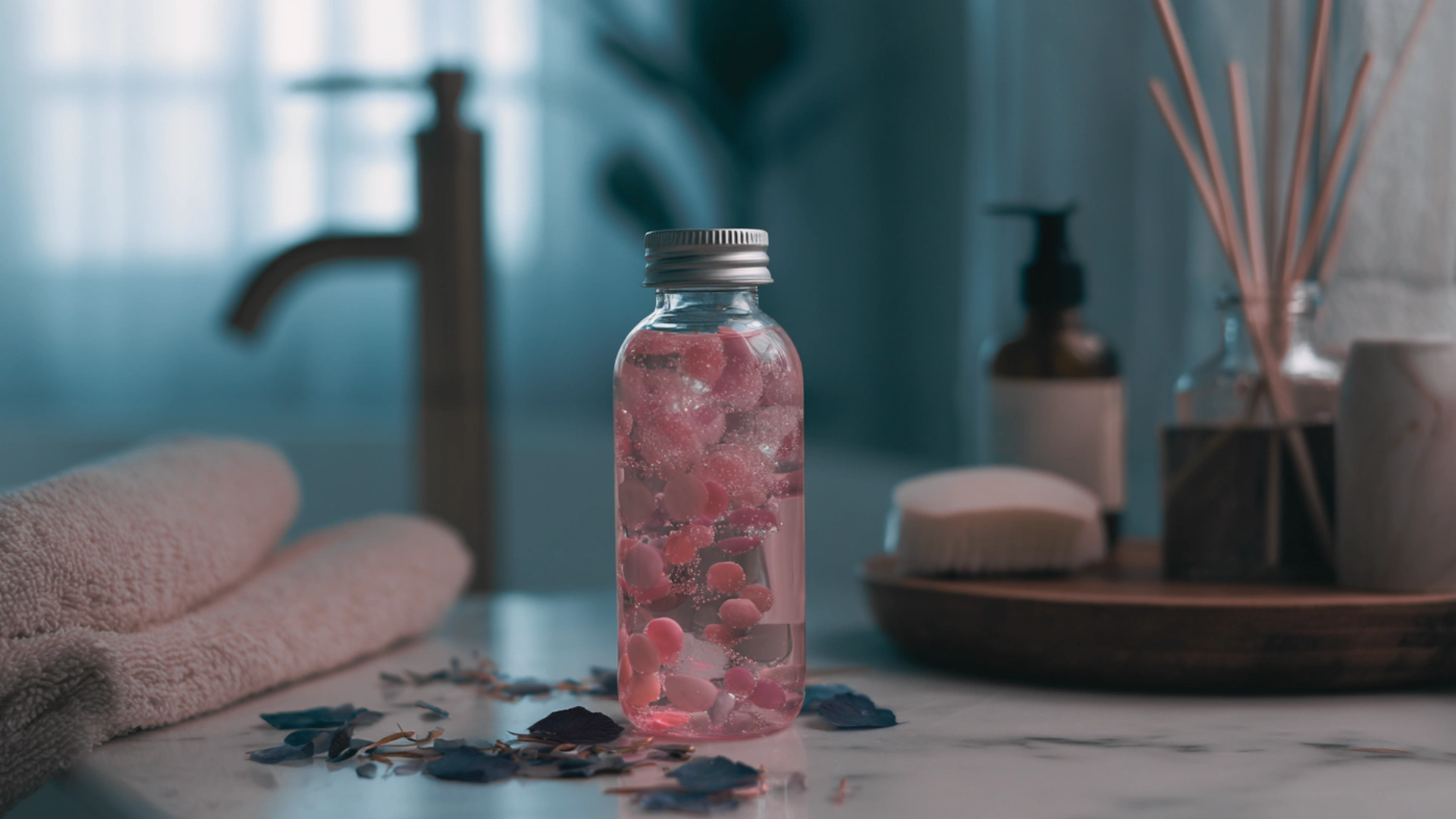DIY homemade bubble bath in a glass bottle, placed on a bathroom counter with towels and natural bath accessories in the background