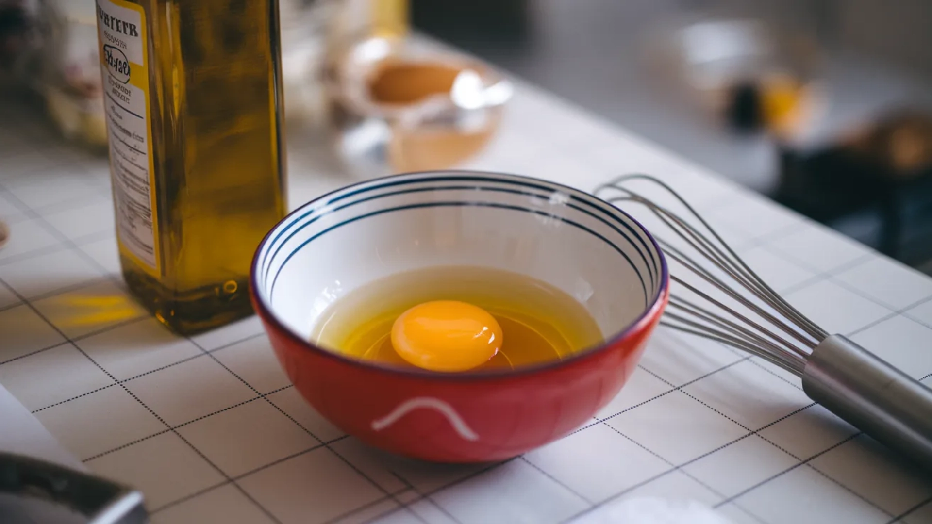 Egg yolk in a bowl with olive oil bottle and whisk placed on a kitchen counter in soft natural light