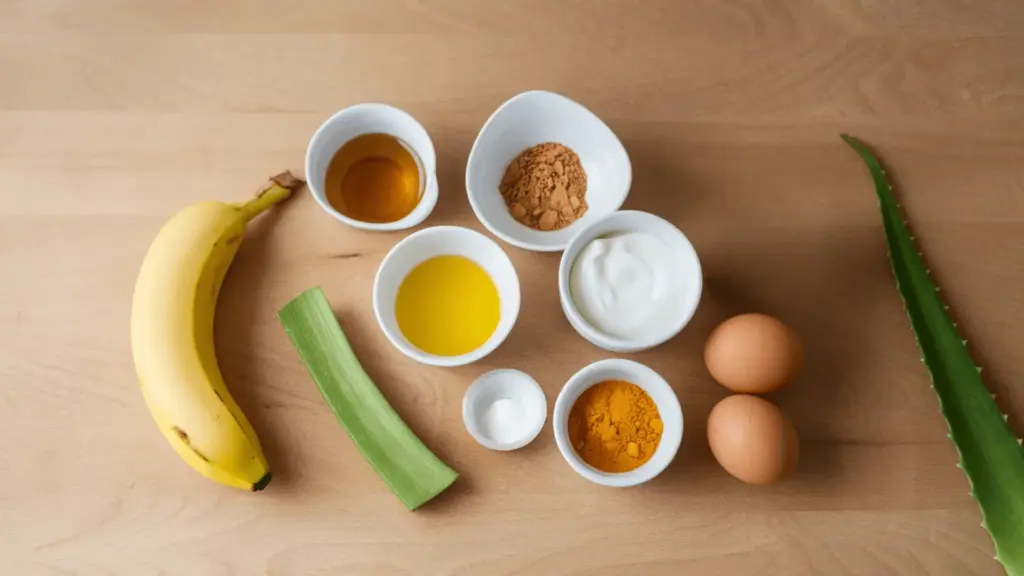Flat lay of banana, aloe vera, eggs, yogurt, oils, and powders arranged for homemade hair masks