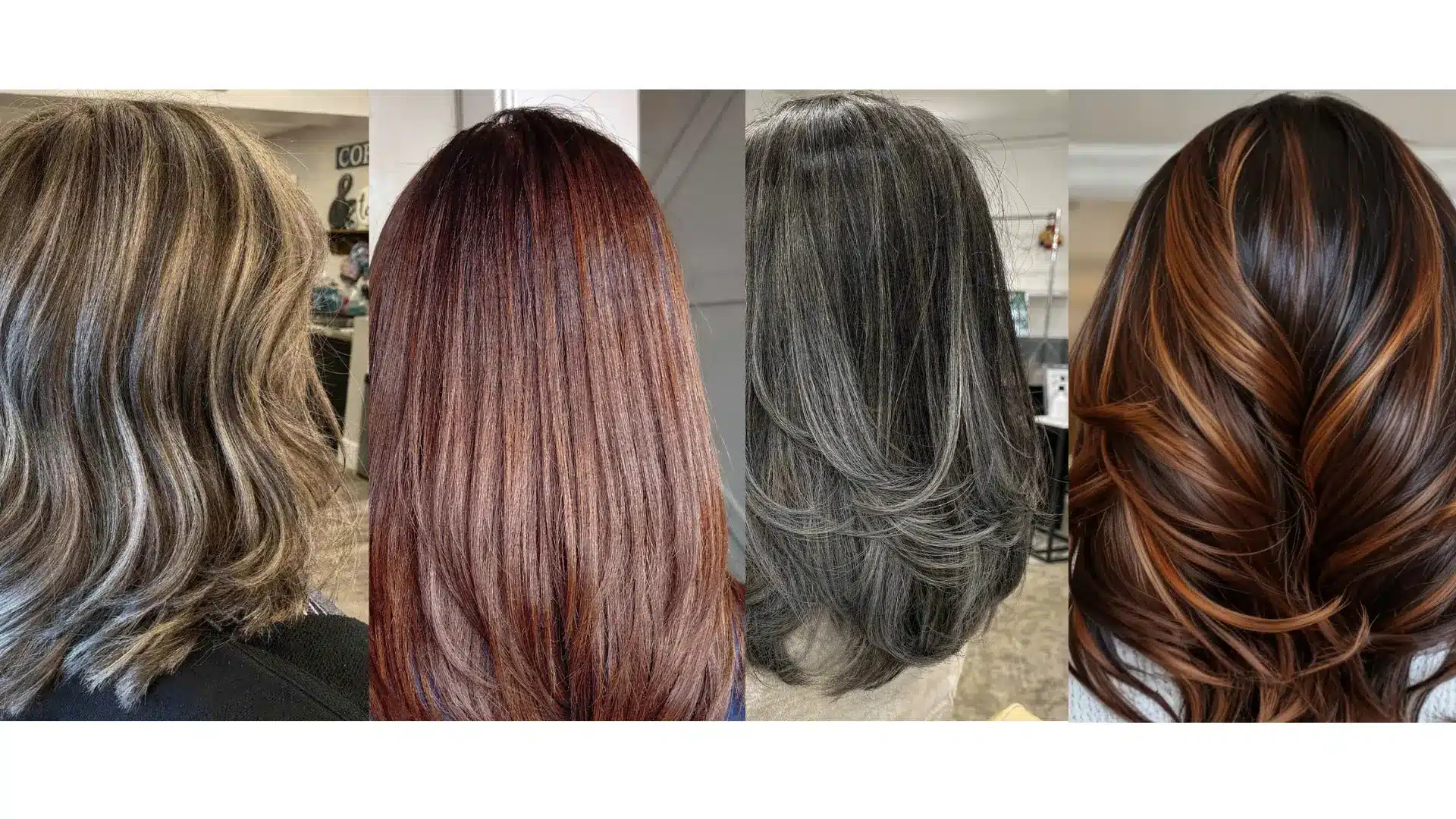 Four back views of hair including ash blonde highlights auburn tones silver gray layers and warm brown curls with copper