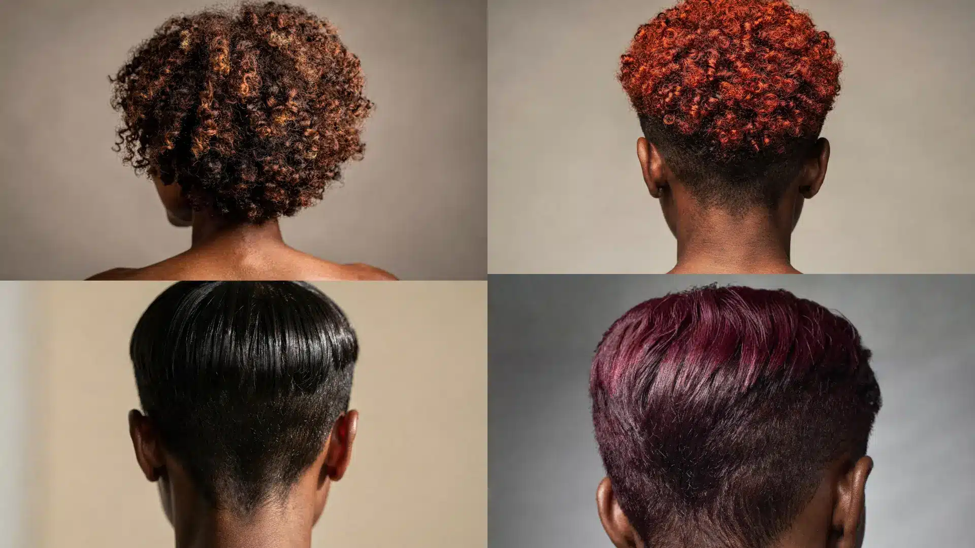 Four back views of people with different hair styles and colors including curly brown bright orange black and dark purple