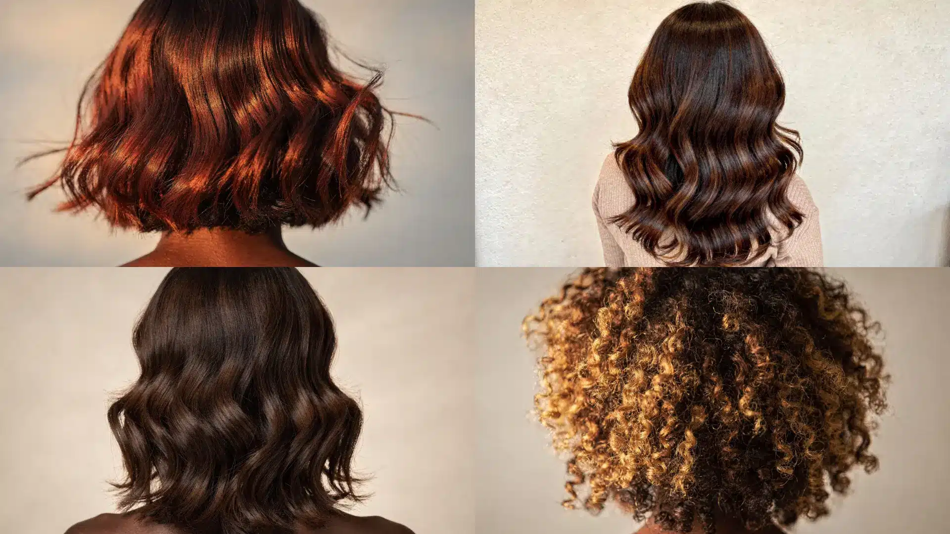 Four back views of people with wavy and curly hair in shades of reddish brown dark chocolate and golden blonde highlights