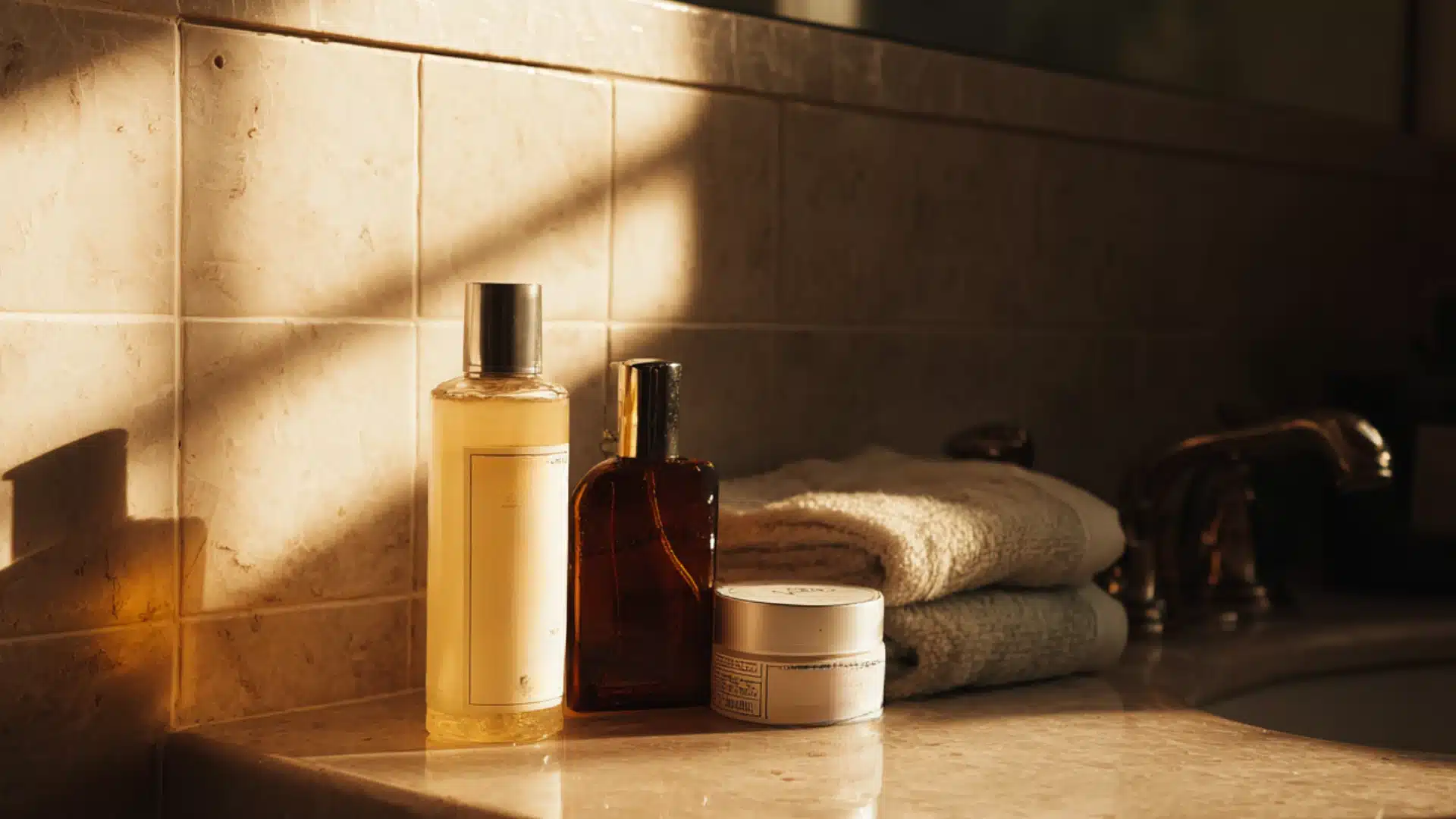 Four glass bottles of perfume and skincare products sit on a stone bathroom counter in a bright beam of morning sunlight