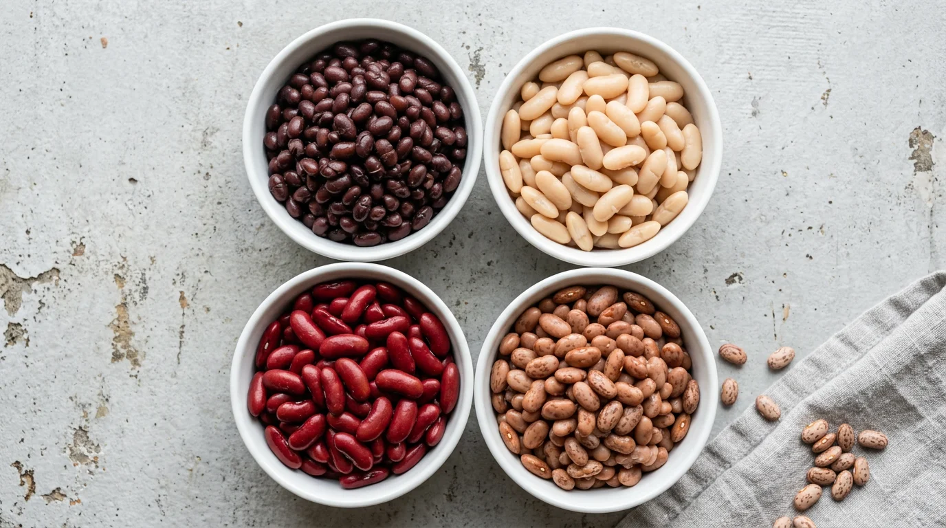 Four white bowls containing black beans, white beans, kidney beans, and pinto beans are arranged on a textured gray surface