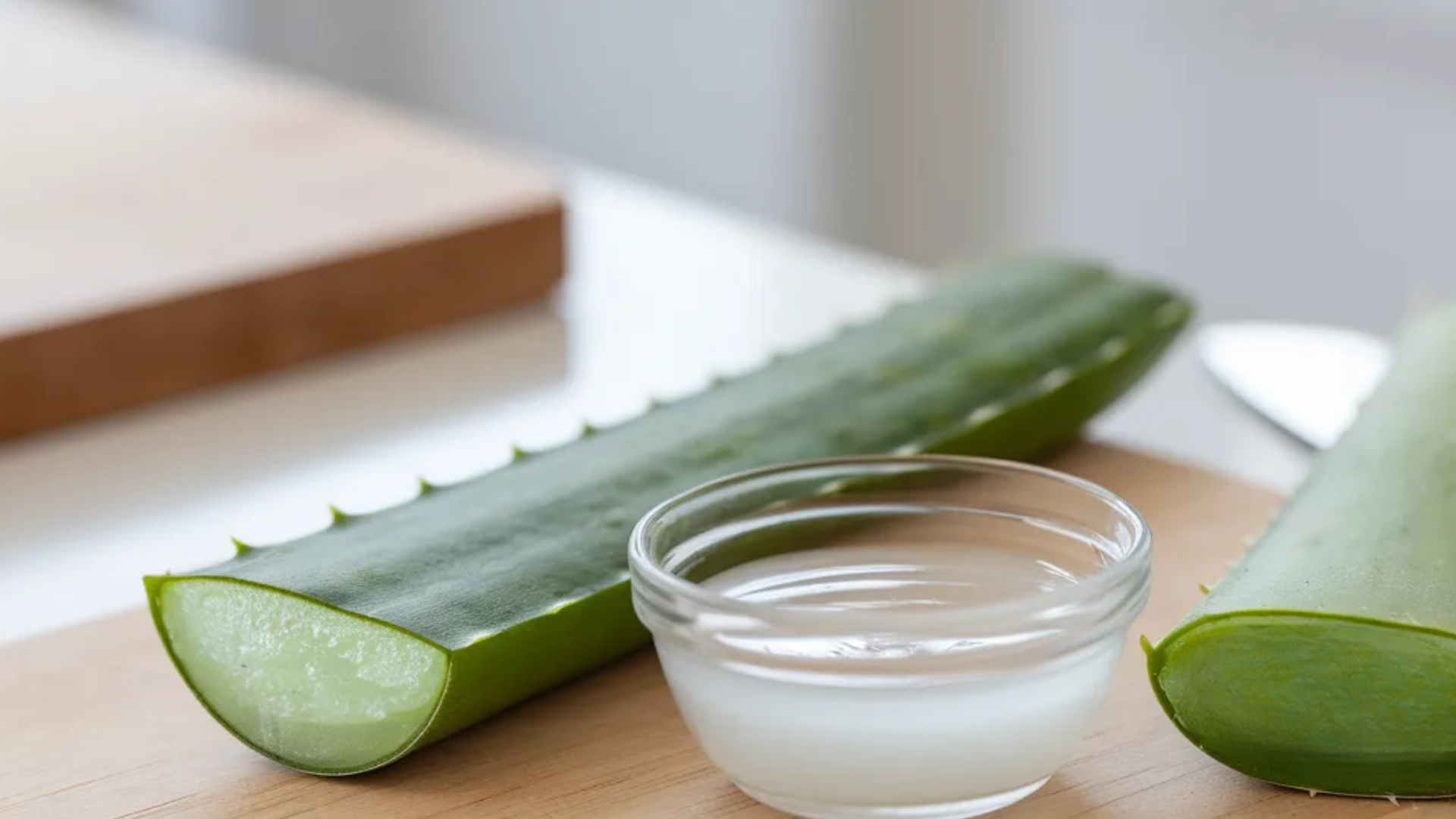Fresh aloe vera halves with small bowl of onion juice on wooden cutting board