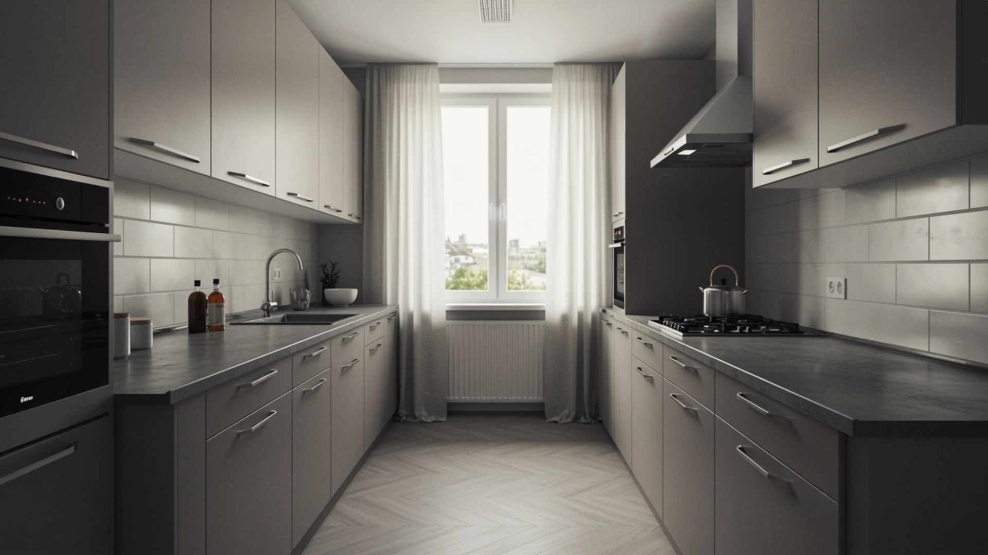 Galley kitchen design featuring gray cabinetry, dark countertops, white subway tile backsplash, and a window with sheer white curtains centered at the far end.
