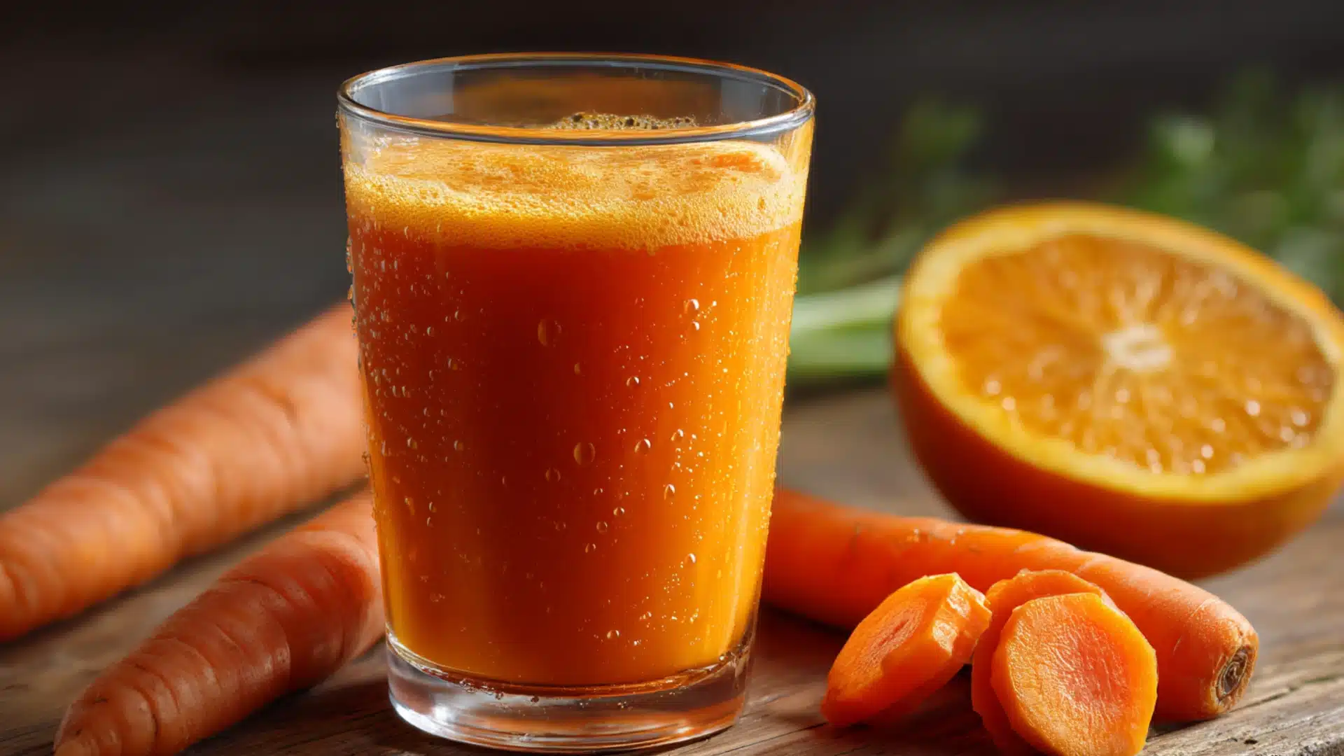 glass of orange carrot juice in a cup with condensation beside fresh carrots and half an orange on a rustic wooden table