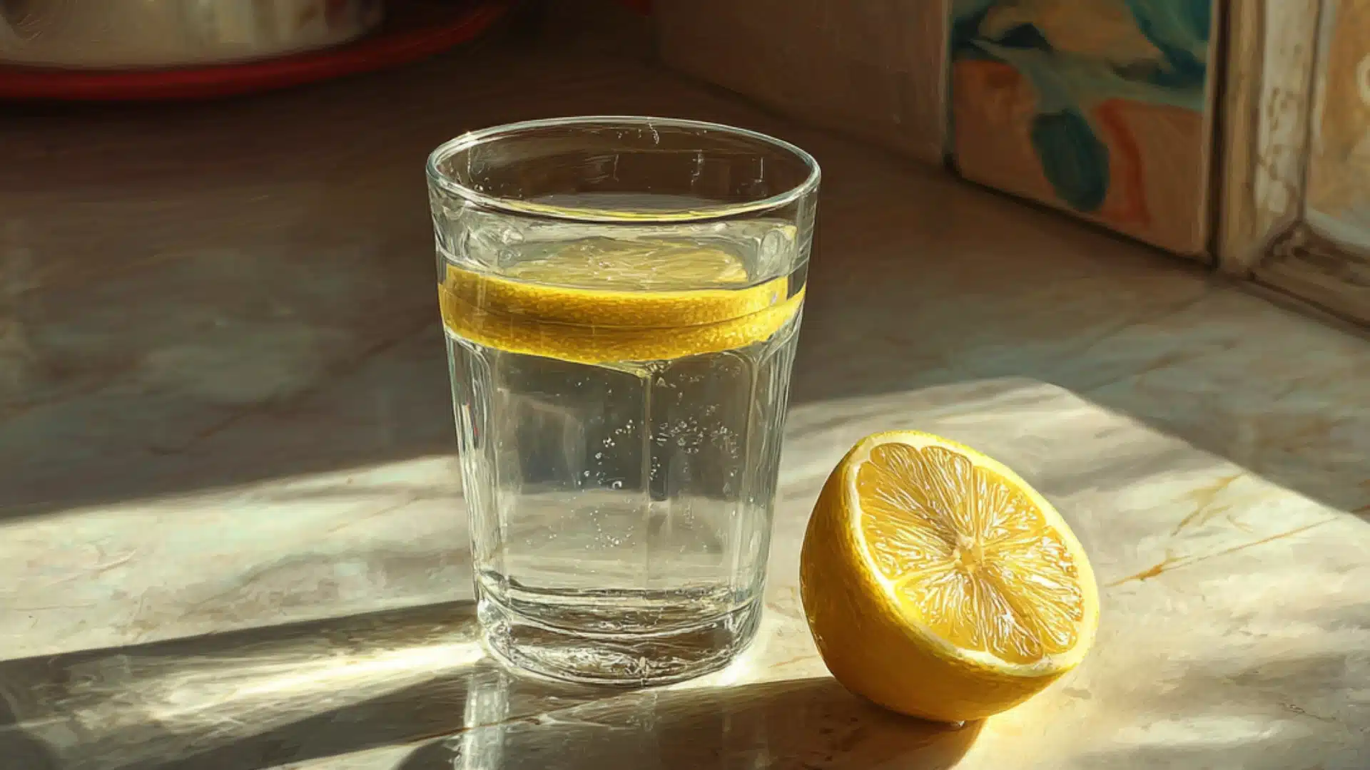 glass of water with a lemon slice inside next to a cut lemon half on a marble counter in bright sunlight with no people (1)