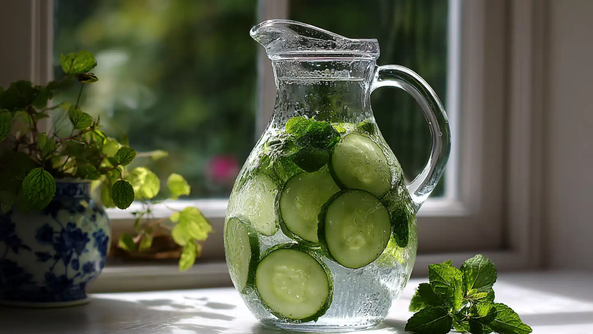 glass pitcher of ice water with cucumber slices and mint leaves on a window sill with a small potted plant in soft light