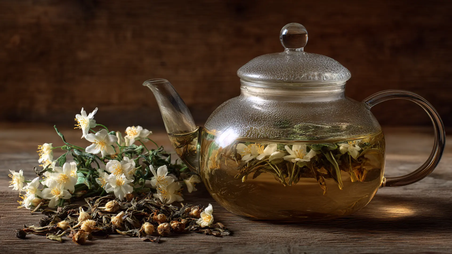 glass teapot filled with flowering tea beside loose leaves and jasmine blooms on a rustic wooden table in a side view