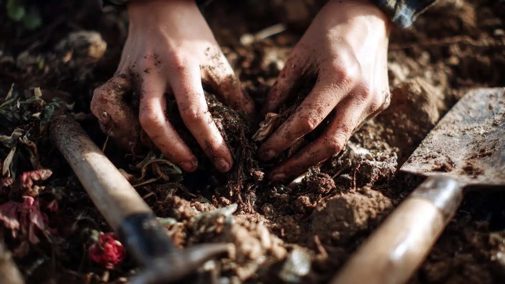 hands mixing organic compost into dark garden soil to improve health for rose bush care near small gardening tools in sun