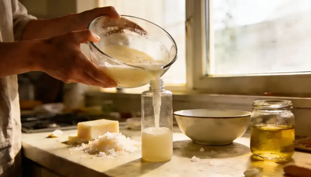Hands pour creamy liquid from a glass bowl into a clear pump bottle on a countertop with soap shavings and an oil jar nearby
