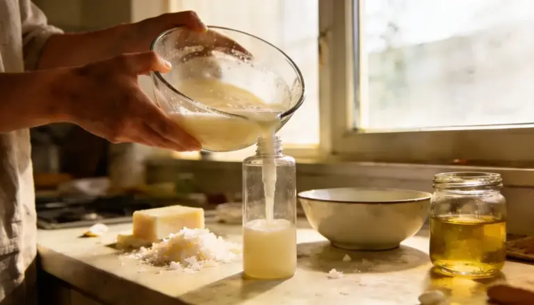 Hands pour creamy liquid from a glass bowl into a clear pump bottle on a countertop with soap shavings and an oil jar nearby