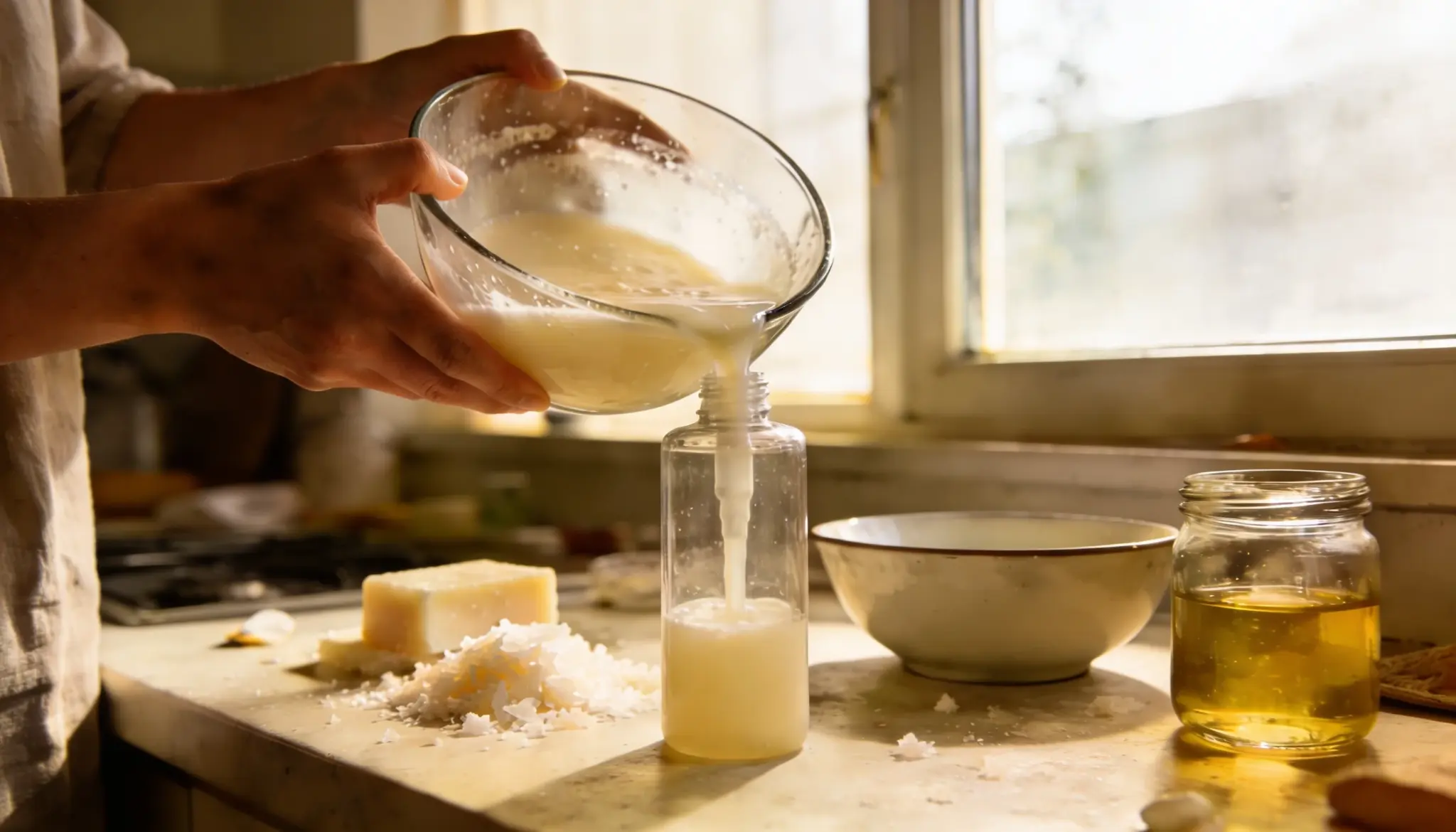 Hands pour creamy liquid from a glass bowl into a clear pump bottle on a countertop with soap shavings and an oil jar nearby