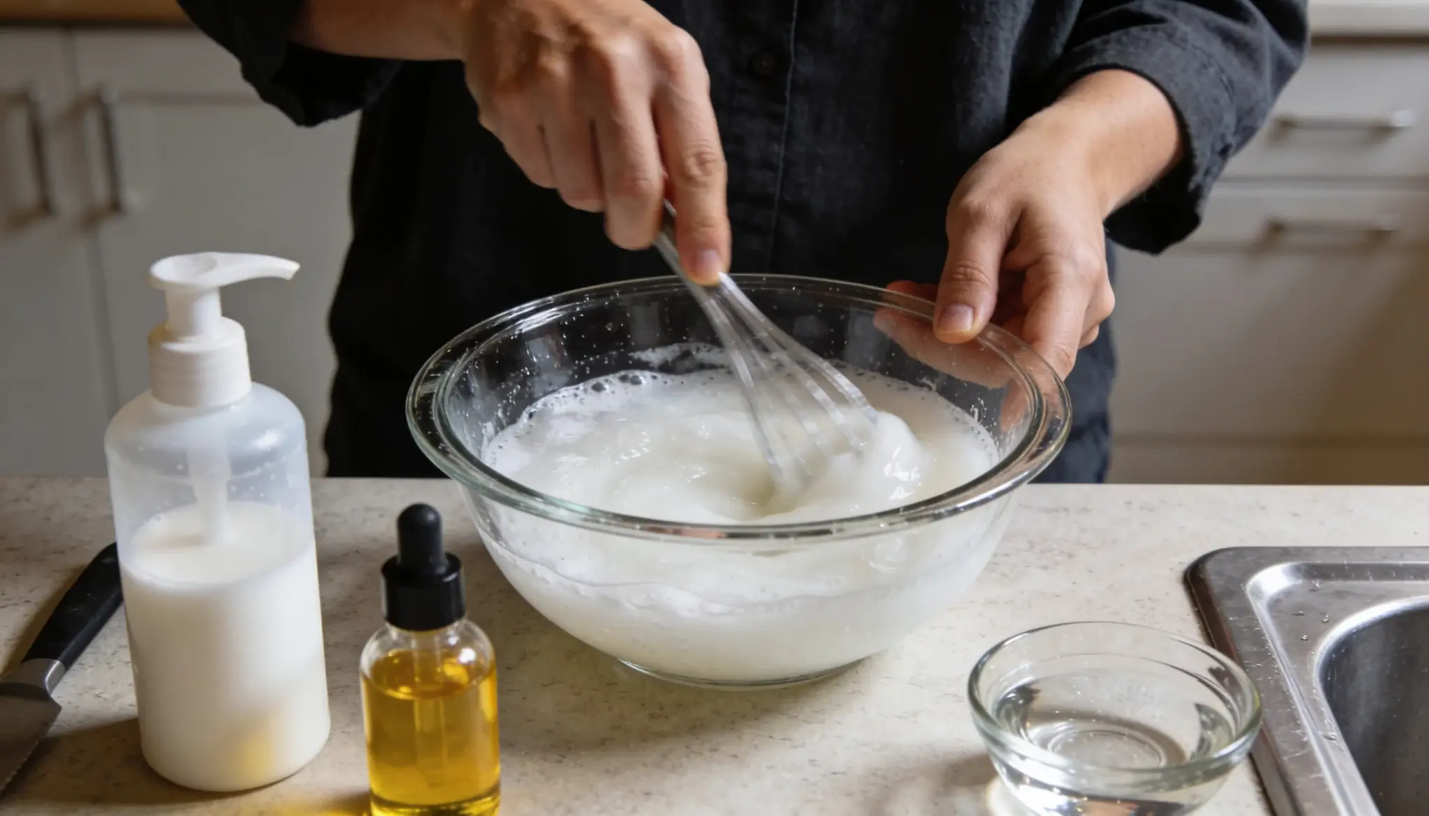 Hands whisking white liquid in a glass bowl alongside a pump dispenser bottle and a dropper bottle of oil on a kitchen counter
