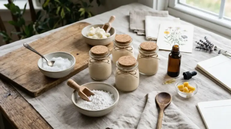 Ingredients and finished homemade natural sunscreen recipe with products, including jars of lotion, bowls of powders, essential oils, and beeswax, displayed on a light linen cloth near a window
