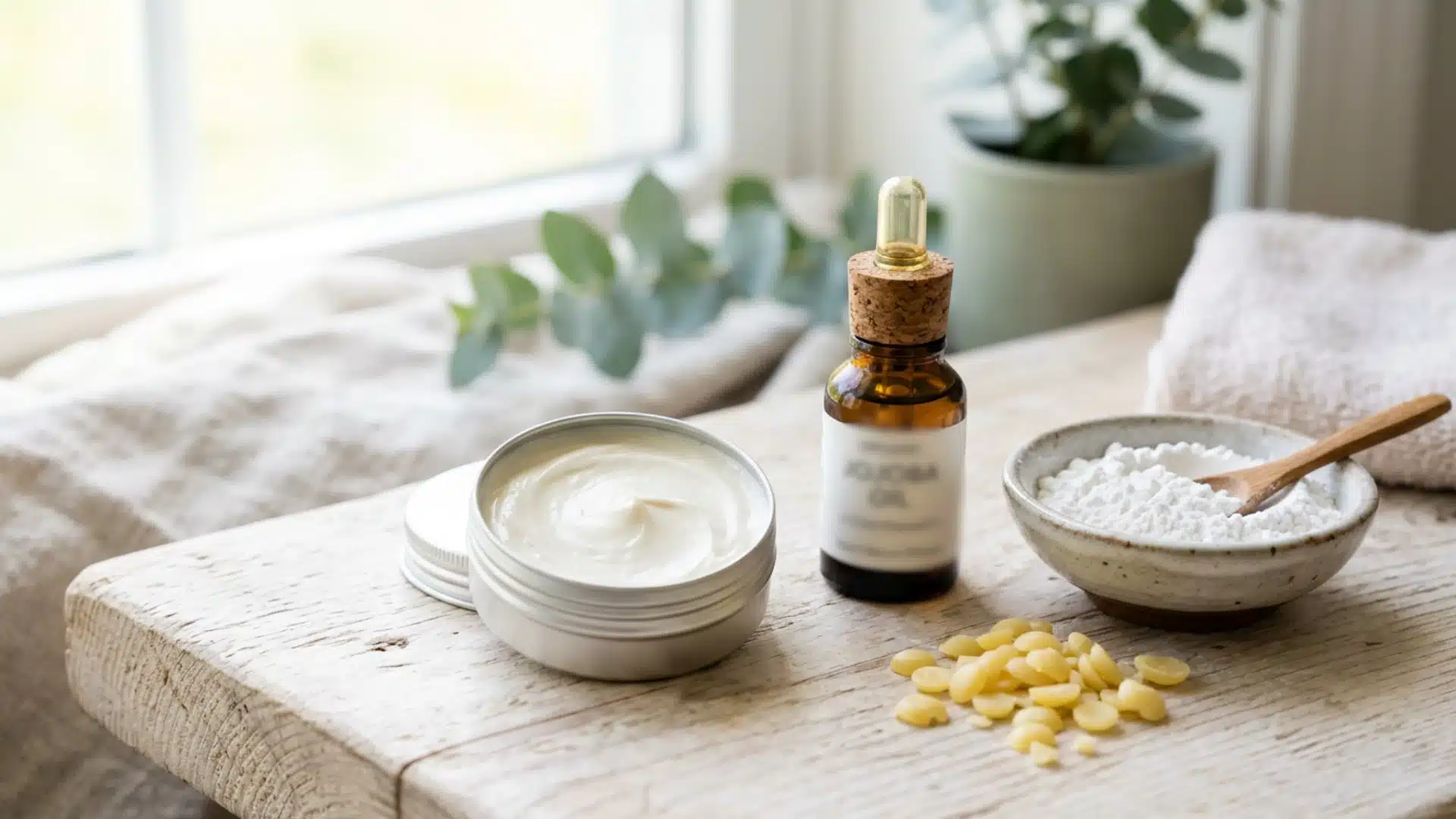 Ingredients for homemade natural skincare, including jojoba oil, white powder in a bowl, wax pellets, and a jar of cream, set on a rustic wooden surface