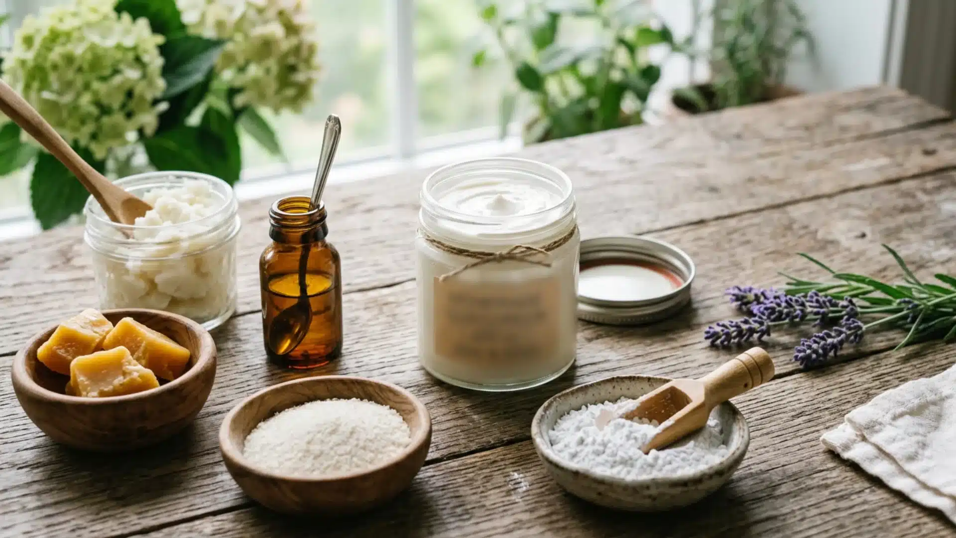 Ingredients for homemade natural skincare, including shea butter, beeswax, essential oil, and lavender sprigs, arranged on a rustic wooden table near a window