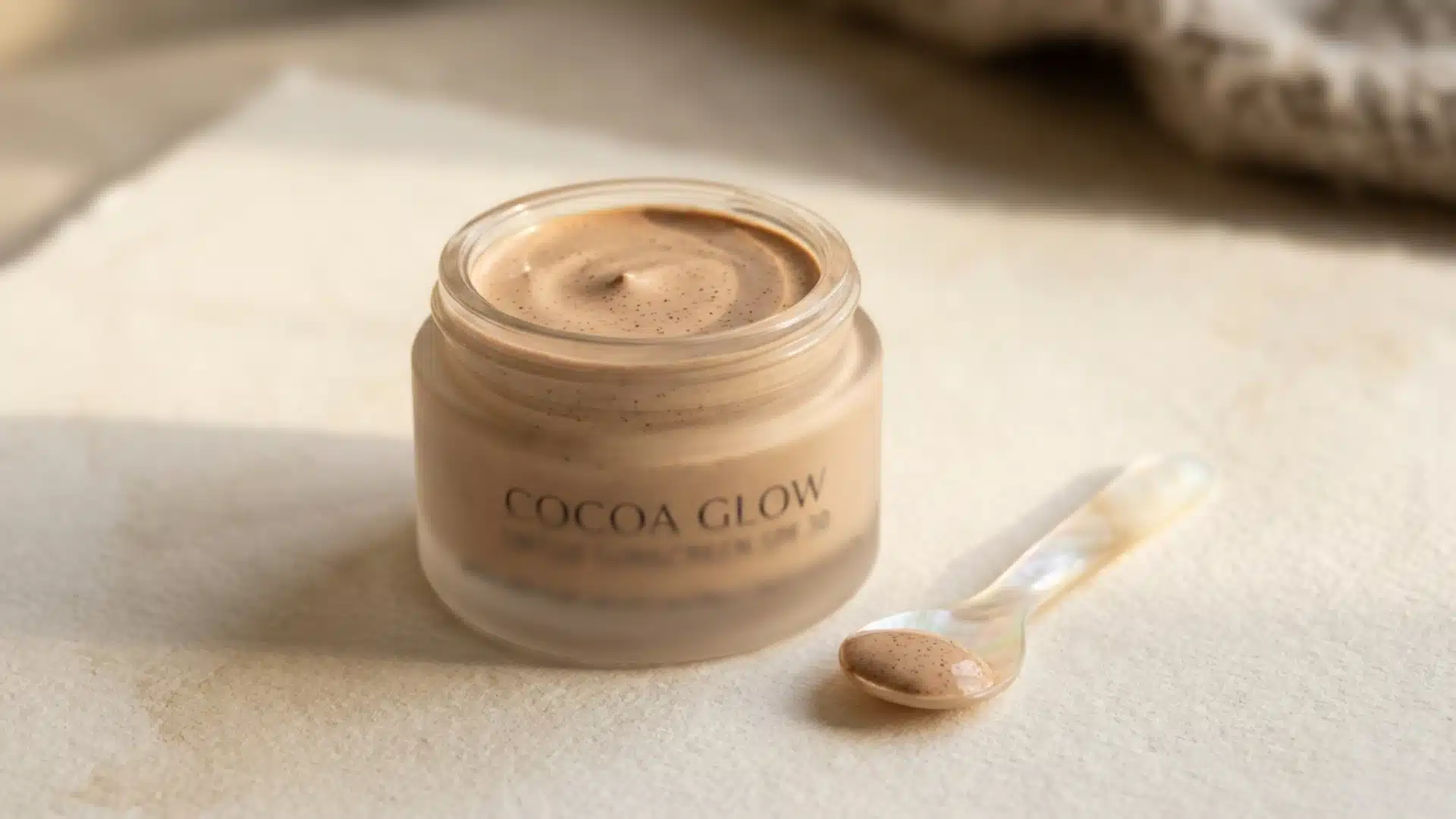 Jar of Cocoa Glow tinted sunscreen with a small mother-of-pearl spatula holding a sample of the product on a textured cream surface