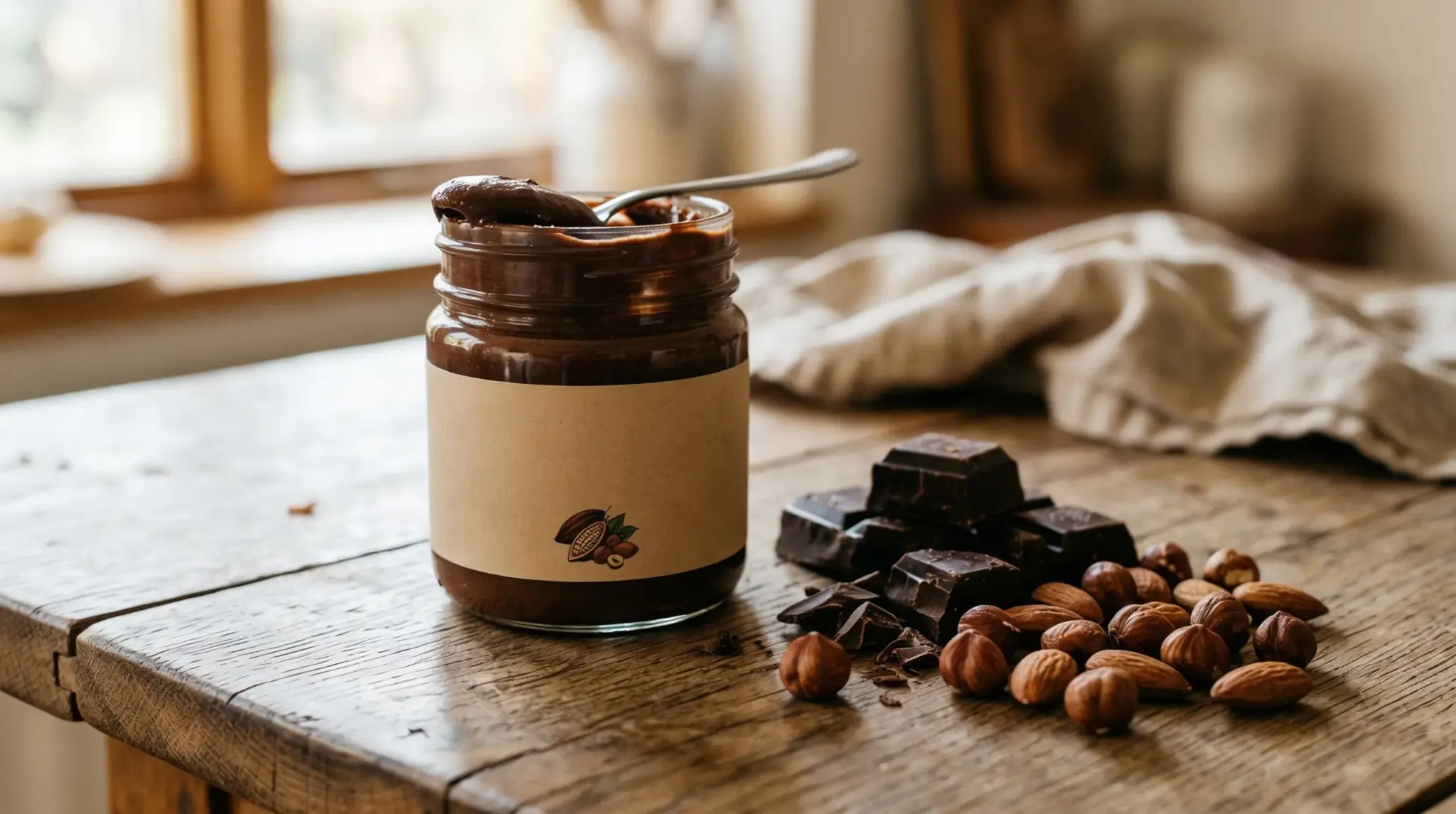 Jar of dark chocolate hazelnut spread with a spoon resting on top, next to broken chocolate chunks and whole almonds on a rustic wooden table