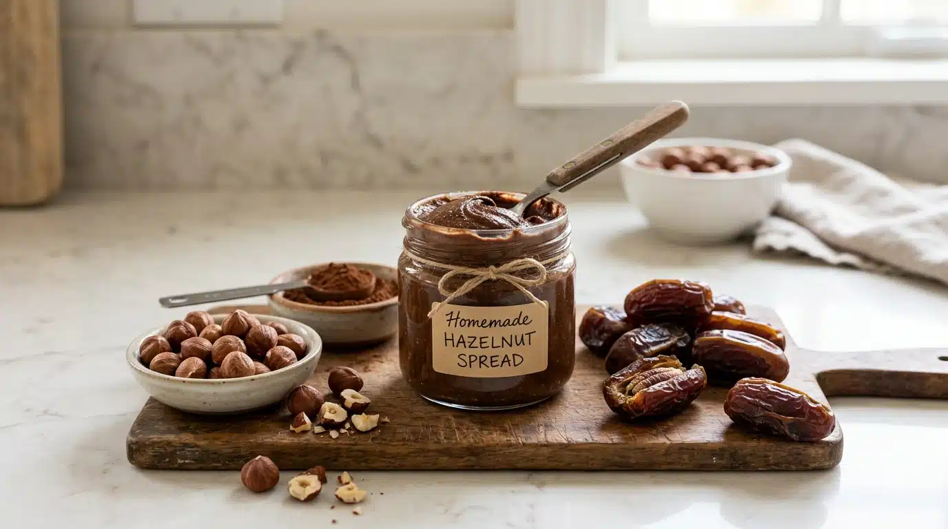 Jar of homemade hazelnut spread rests on a wooden board surrounded by whole hazelnuts, pitted dates, and cocoa powder on a light marble countertop