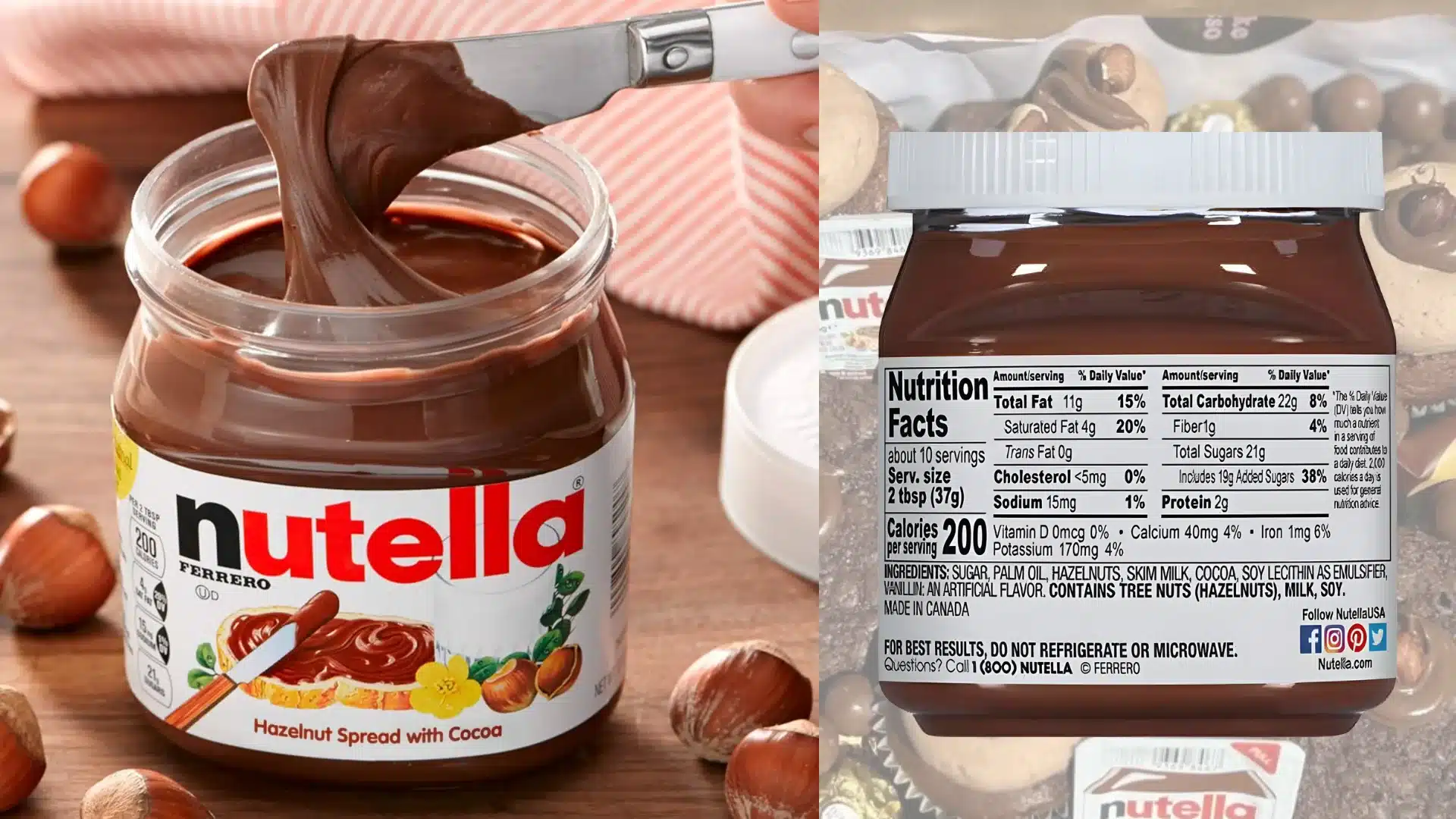 Jar of Nutella hazelnut spread being scooped, with the product label and nutrition facts panel clearly visible