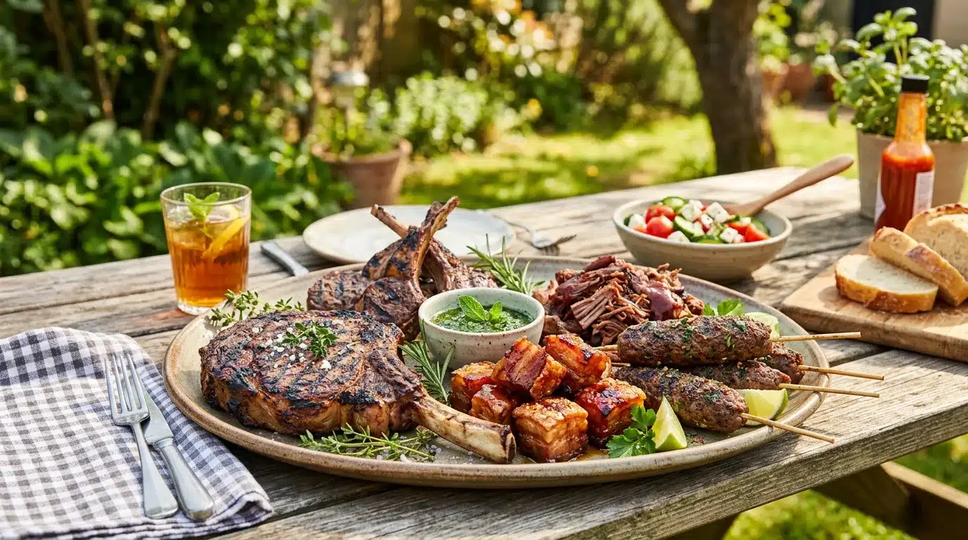 Large platter of grilled meats including a bone-in steak, lamb chops, kebabs, and pork belly, set on a rustic wooden outdoor table with sides like salad, bread, and a drink