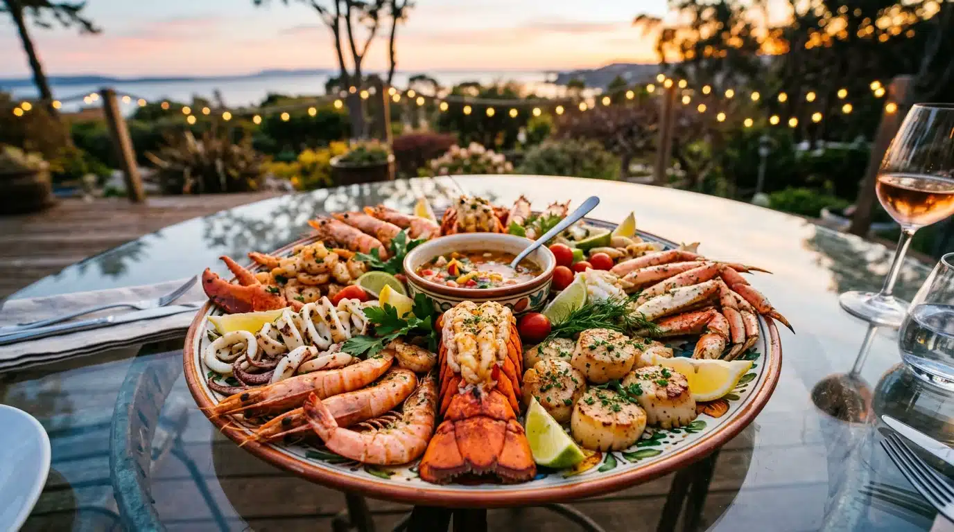 Large platter of grilled seafood including lobster tail, shrimp, crab legs, and scallops served outdoors at sunset with string lights overhead