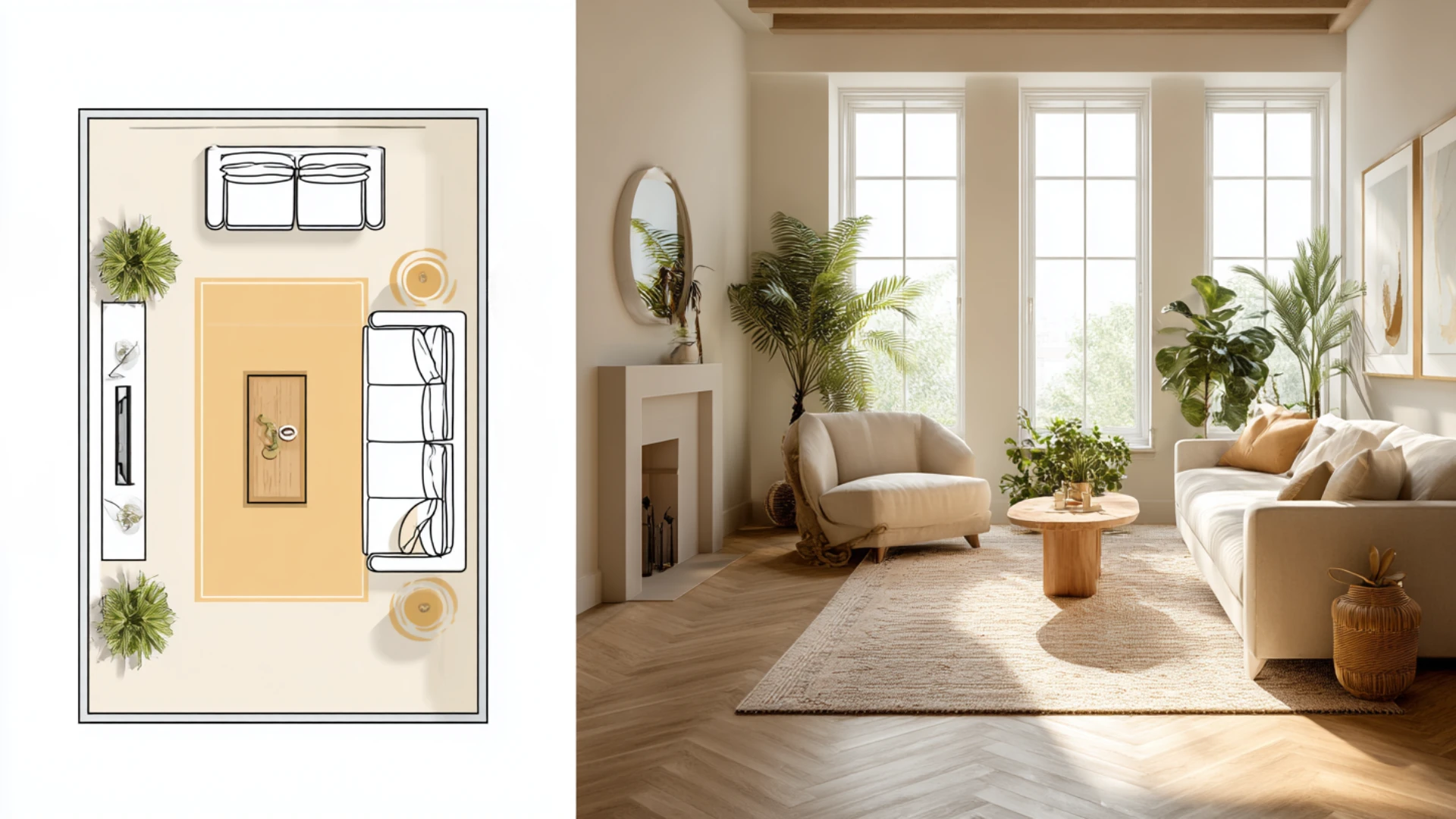 Living room design comparison featuring a floor plan layout on the left and a photograph of the bright, modern, beige living space with large windows and numerous plants on the right.