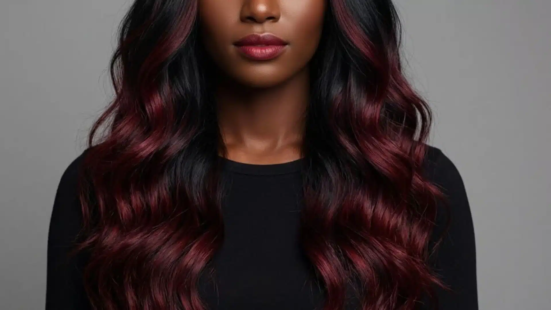 Long black hair with red ombre highlights showing hair color ideas for black women in soft waves and a glossy finish