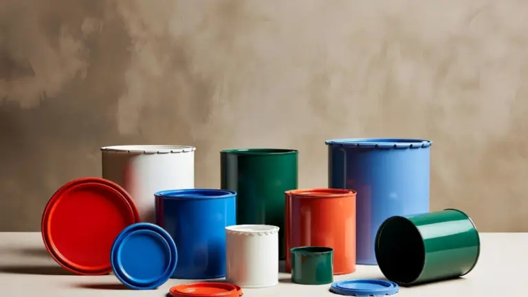 Many colorful different sized metal paint tins in red, blue, green, and white against a textured beige background
